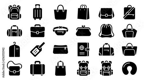 Bag icons in silhouette style on white background for travel and fashion design