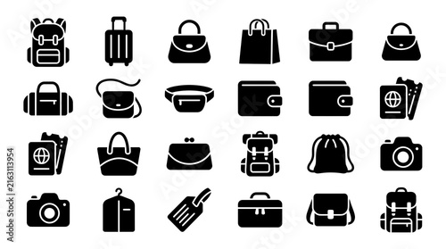 Travel accessories icons in minimalist flat design on white background for web and print