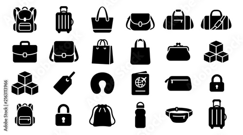 Travel Accessories Silhouette Set in Black and White Flat Design for Transportation Graphics