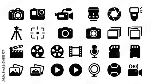 Photography Icons in Silhouette Style with Black and White Color Scheme on White Background for Graphic Design