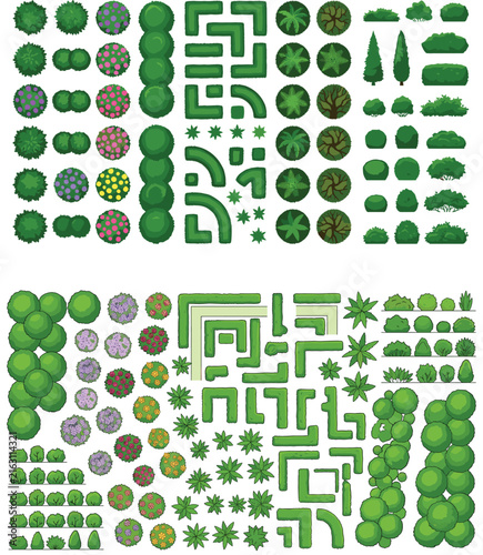 Top View Architectural Landscape Graphic Element Kit with Green Bushes, Garden Hedges, Trees, Shrubs, and Flowering Plants for Site Map Plans Isolated on White Background