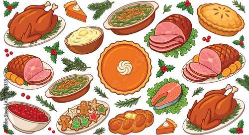 Christmas and Thanksgiving Holiday Food Vector Illustration Background with Roast Turkey, Glazed Ham, Salmon, Pies, Green Bean Casserole, and Festive Holly Leaves