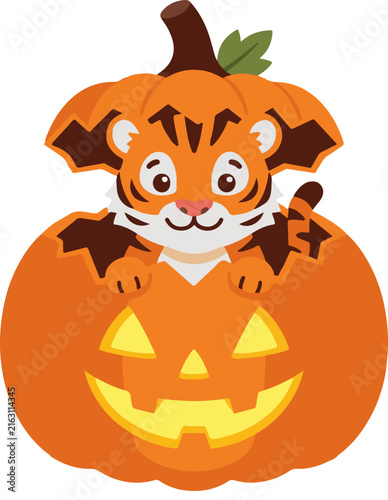 Charming cartoon baby tiger peeking from a carved Halloween pumpkin, cheerful autumn illustration for festive designs.