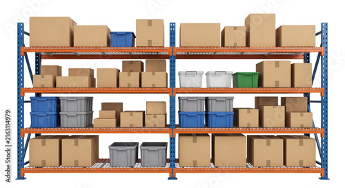 Industrial warehouse metal shelving rack loaded with brown cardboard boxes and colorful plastic storage bins