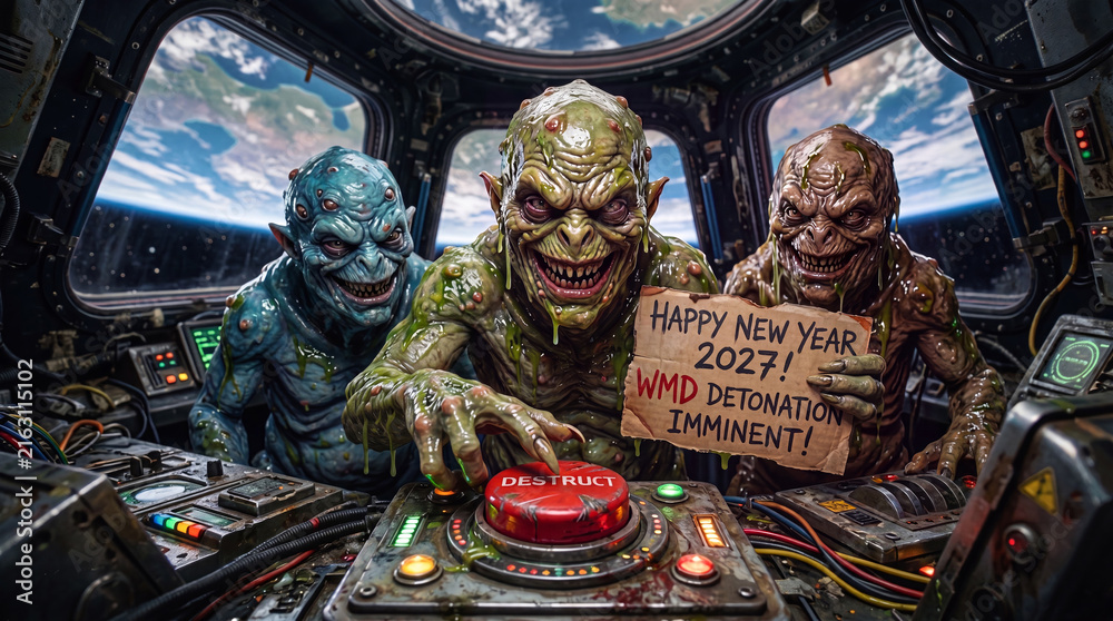 Fototapeta premium Group of hideous alien monsters in a spaceship cockpit pressing destruct button with Happy New Year 2027 sign and Earth in background