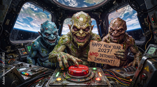 Group of hideous alien monsters in a spaceship cockpit pressing destruct button with Happy New Year 2027 sign and Earth in background