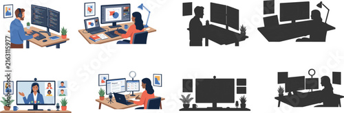 Creative Designer and Digital Workspace Illustration Collection with Black Silhouette Vector Set