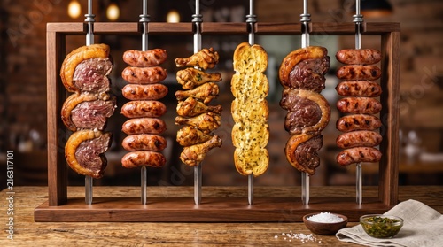 Assorted grilled skewers on a wooden stand