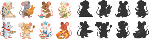 Cute Baker Mouse Character Collection with Color Illustrations and Black Silhouette Vector Set