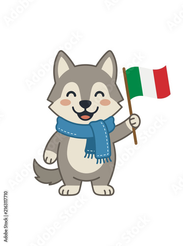 Cute Cartoon Wolf Character Wearing a Scarf and Holding the Italian Flag