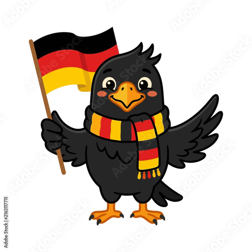 Cute Cartoon Crow Bird Holding German Flag and Wearing Scarf Mascot Illustration