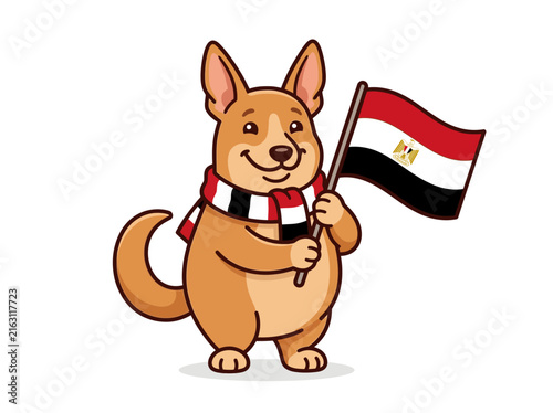 Bild auf Leinwand Cute cartoon dog holding the flag of Egypt with a matching scarf