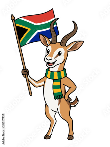 Cute Springbok Mascot Holding South African Flag Cartoon Vector