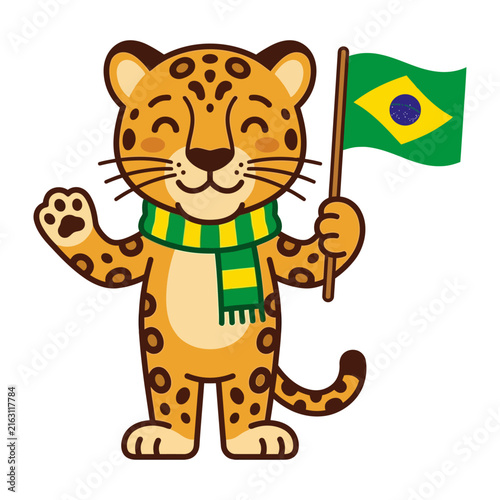 Cute Cartoon Jaguar Mascot Holding the Brazil Flag Isolated