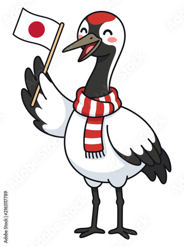 Cute Red Crowned Crane Mascot Holding Japan Flag Vector Illustration