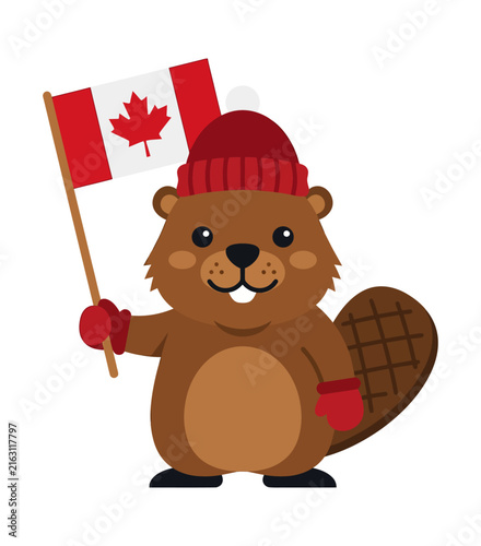 Cute Canadian Beaver Cartoon Character Holding Canada Flag Vector Illustration