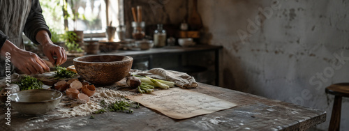 Rustic kitchen worktable with hands preparing fresh ingredients