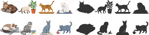 Cute Domestic Cat Lifestyle Illustrations and Black Silhouette Collection with Toys Plants and Accessories