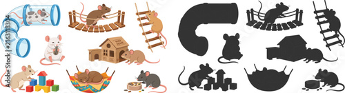 Cute Mouse Illustration Collection with Play Structures, Toys, Food and Black Silhouette Vector Set