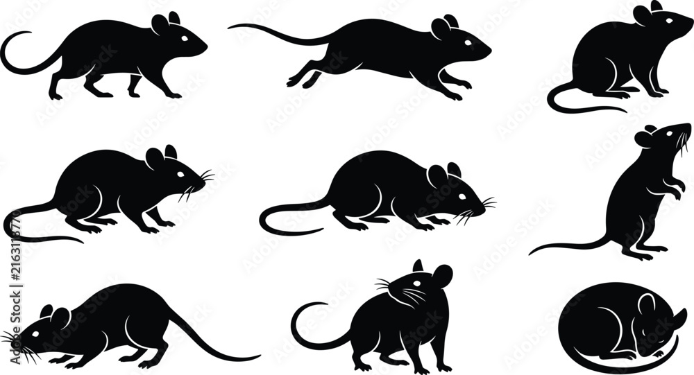 Obraz premium Black Rat and Mouse Silhouette Vector Set with Various Poses Including Running Standing Sleeping and Crawling for Pest Control Branding and Animal Graphic Designs