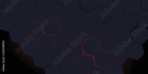 Dark gray and red horizontal hexagonal technology abstract vector background. red bright energy flashes under hexagon in futuristic modern technology wide banner. Dark gray honeycomb texture grid.