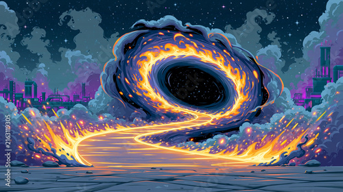 Fiery Cosmic Portal Hovering Above Colorful Future Road