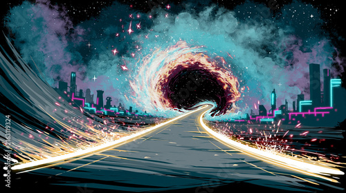 Neon Highway Leading Into Cosmic Black Hole