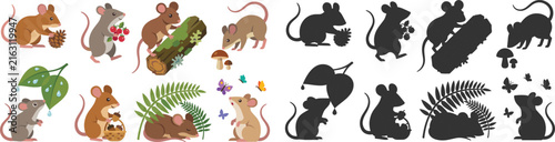 Cute Woodland Mouse and Rat Illustrations Collection with Black Silhouettes, Leaves, Berries and Mushrooms