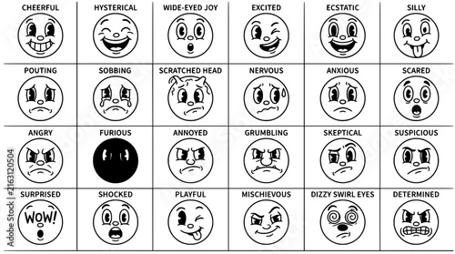 Photography Vintage cartoon faces chart showing various human emotions and expressions in bl