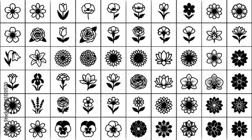 Black and white flower icon set with minimalist line art featuring roses, daisies, tulips with leaves and stems