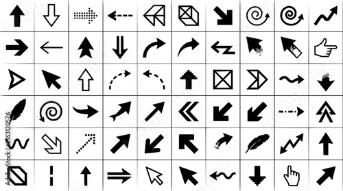 Black and white arrow icons set with directional symbols featuring straight, curved, and angled arrows with minimalist design and geometric shapes