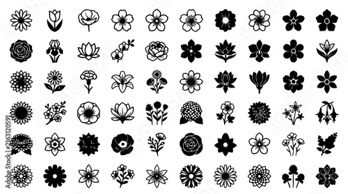 Black and white flower icons set with minimalist line art featuring daisies, roses, and tulips with leaves and stems and abstract botanical elements