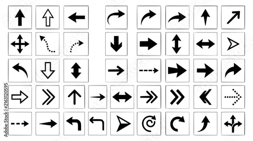 Arrow icons grid set with directional symbols featuring upward, downward, left, right arrows with flat design and minimal style