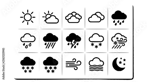 Weather icons grid set with flat design symbols featuring sun, cloud, rain, snow, and wind with thermometer and lightning