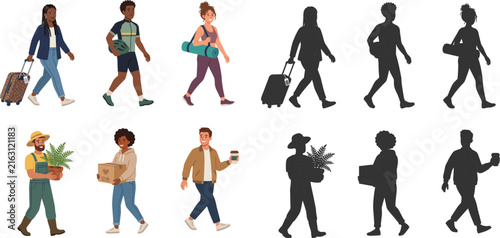Diverse Travelers and Tourists Walking with Luggage, Plants, Boxes and Everyday Travel Accessories