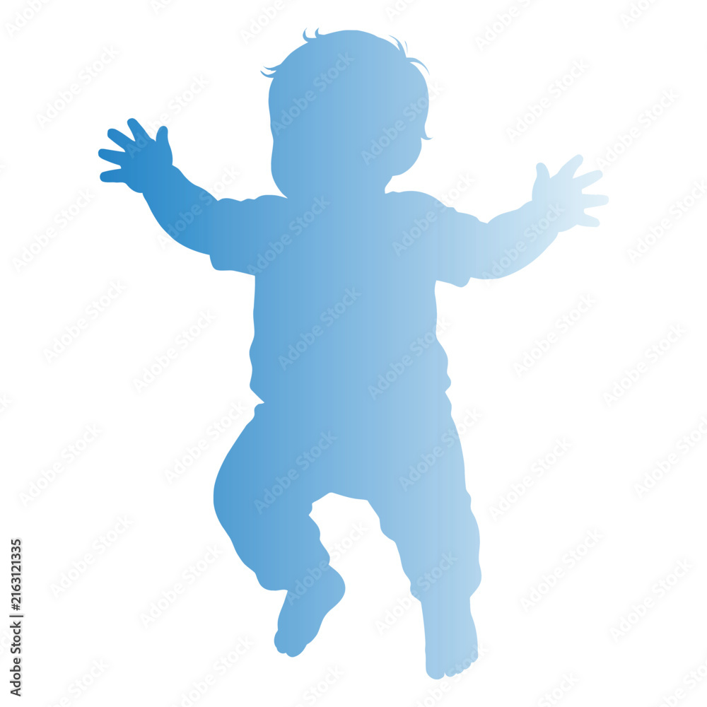 Fototapeta premium Baby reaching with arms open light blue gradient silhouette vector graphic, toddler infant care icon