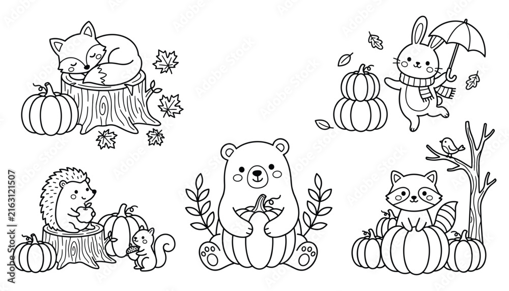 Obraz premium Cute Autumn Woodland Animals Coloring Page Vector Set with Happy Bear Fox Rabbit Raccoon Hedgehog and Squirrel Line Art Characters for Kids Activities