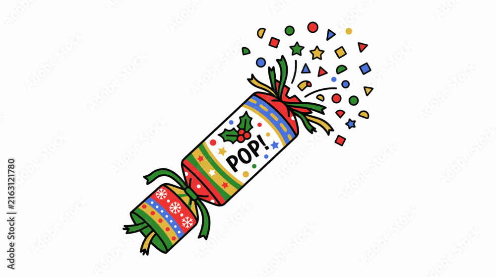 Fototapeta premium Christmas cracker with confetti and holly berry decorations festive holiday party popper.