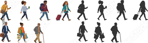 Diverse Walking People Characters with Black Silhouette Collection for Business and Everyday Lifestyle