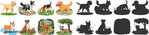 Dog Activity Vector Illustration Collection with Pet Lifestyle Scenes and Silhouette Set