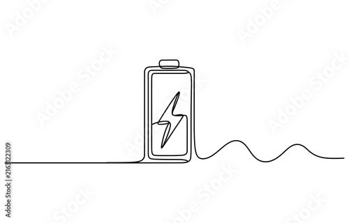 Battery icon with lightning bolt symbol drawn as a continuous single line Vector, illustration