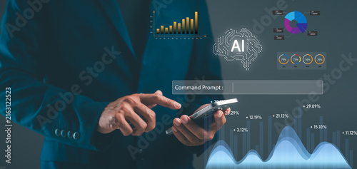 A person in a suit interacts with a smartphone, surrounded by AI, data charts, and analytics, symbolizing technology and artificial intelligence in business.
