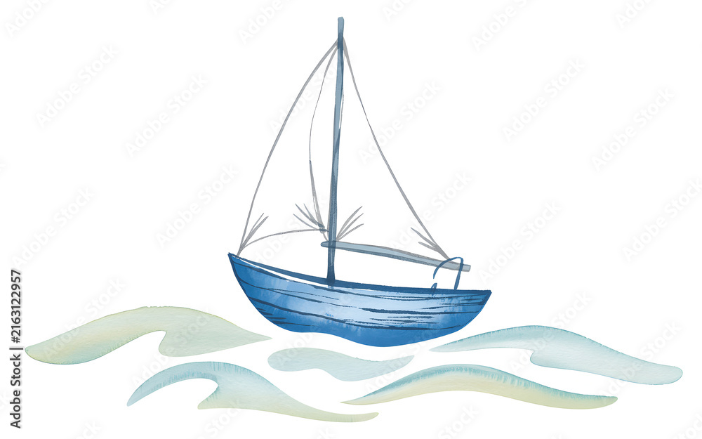 Fototapeta premium Sailboat Sailing on Ocean Wave Illustration Isolated on White 