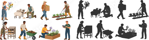 Farm and Gardening Worker Vector Collection with Agriculture Lifestyle and Silhouette Set