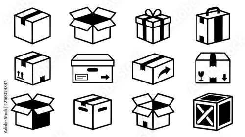 Box design set with modern flat style featuring packaging, labels, and containers with geometric shapes and clean lines and 2026 style
