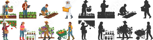 Farmers and Gardeners Vector Collection with Agriculture Activities and Matching Silhouette Set