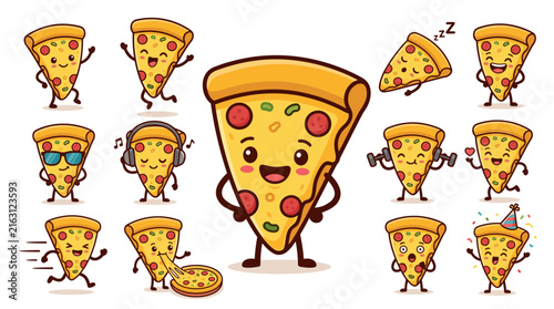 Cute pizza slice mascot character set vector with various funny poses listening music sleeping lifting dumbbells eating pizza and wearing party hat isolated on white background