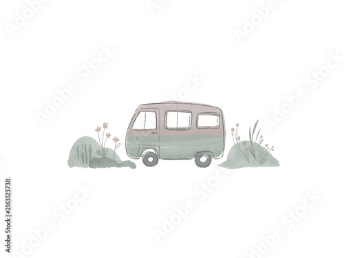 Vintage Camper Van in Nature Illustration Isolated on White
