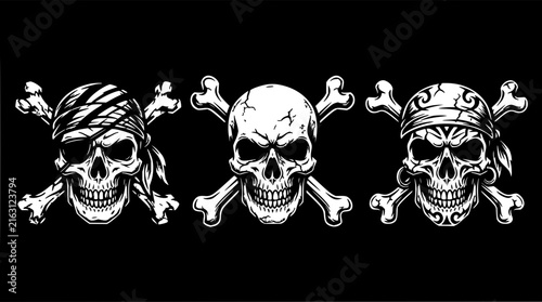 Skull trio set with crossed bones featuring pirate theme, Halloween, and death symbols with vintage style and digital art