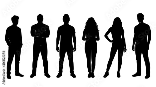 Six diverse figures standing in line set with silhouettes featuring neutral poses, minimalist style with clean backgrounds and and simple clothing